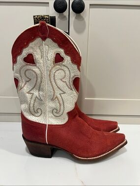 Justin Boots Red Suede & White Western Cowgirl Boots